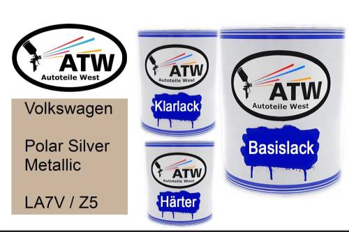 Volkswagen, Polar Silver Metallic, LA7V / Z5: 1L Lackdose + 1L Klarlack + 500ml Härter - Set, von ATW Autoteile West.